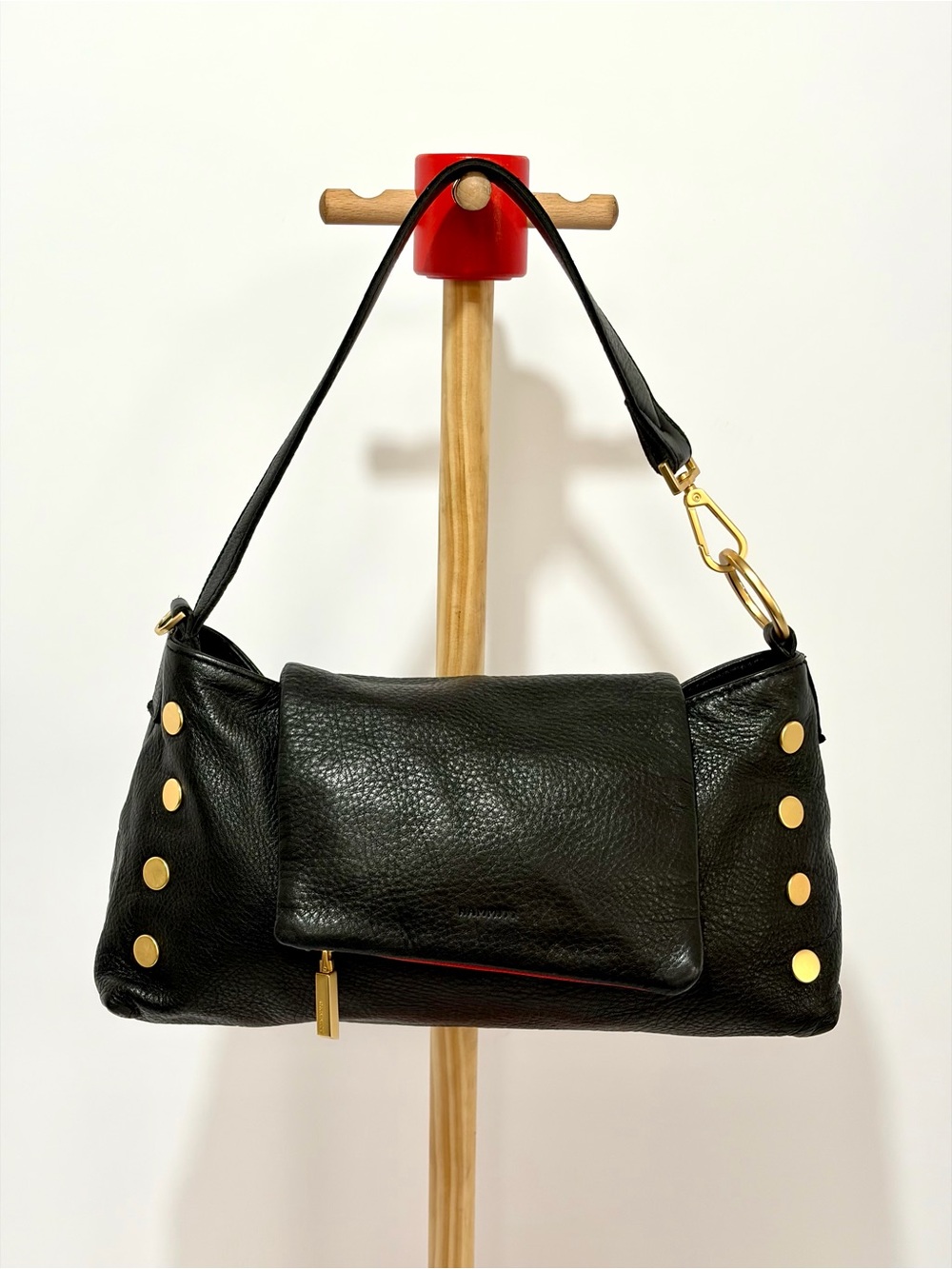 Hammitt VIP Black Leather Satchel W/Removable Strap/Brushed Gold/Red Zip